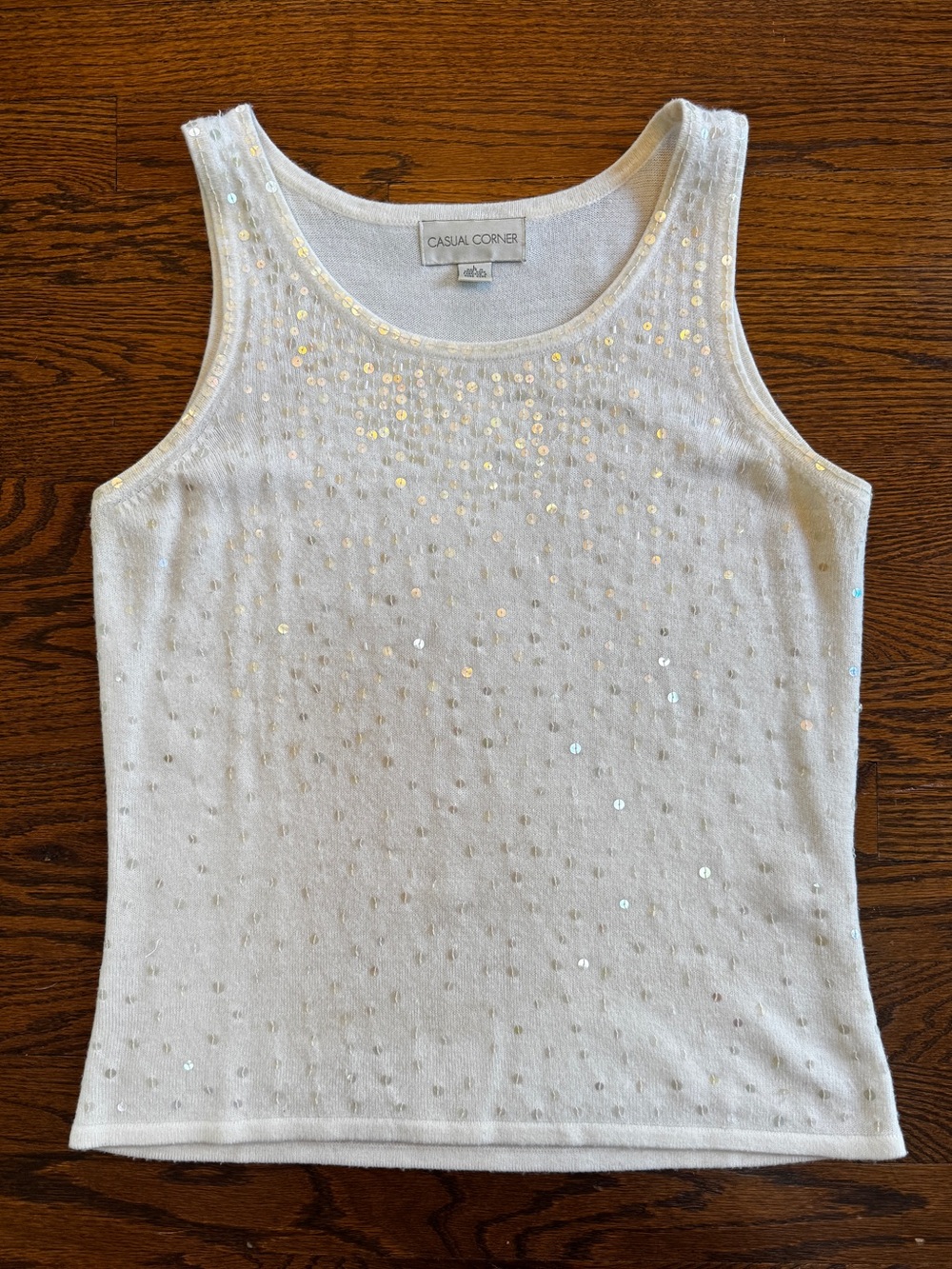 Casual Corner Ivory Sequin Knit Scoop Neck Tank Top Sleeveless Women's Size L